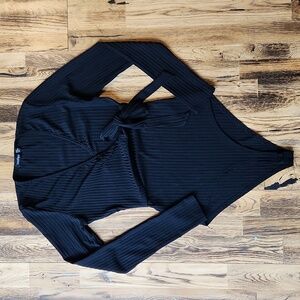 Boohoo Black Ribbed Wrap Bodysuit